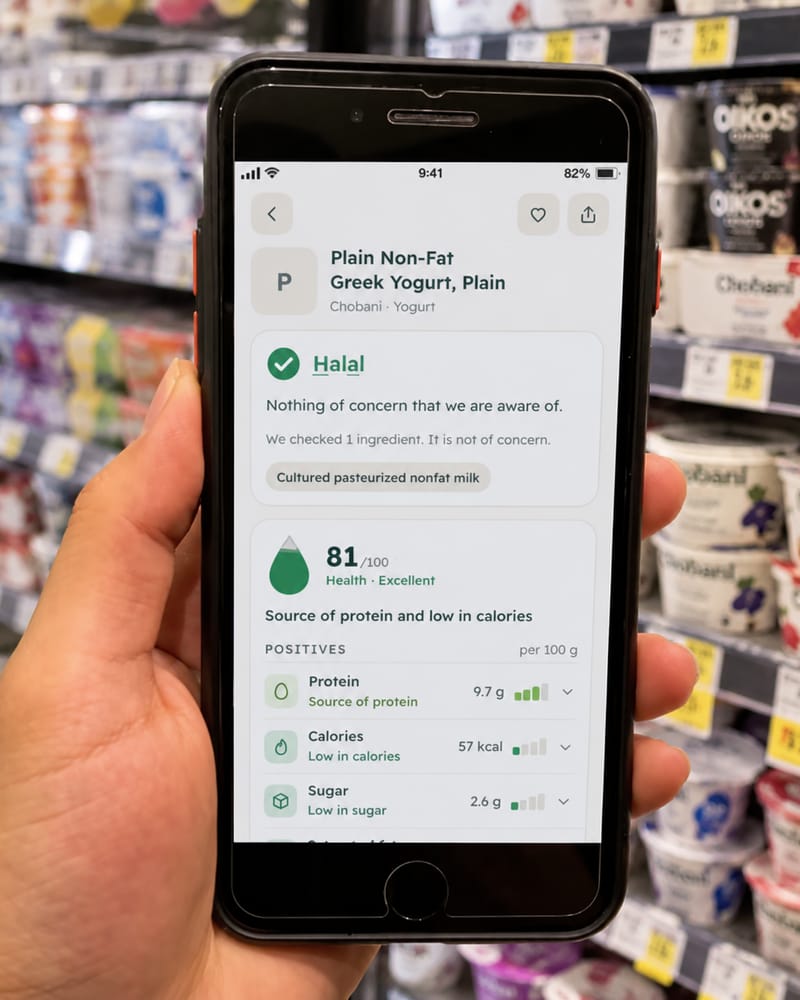 A phone held up in a shop, showing a Zulal result: Halal, health score 81 out of 100